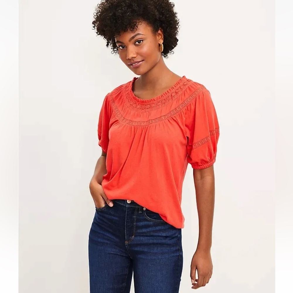 NEW Loft M Women's Orange Red Lace Trim Knit Blouse Top